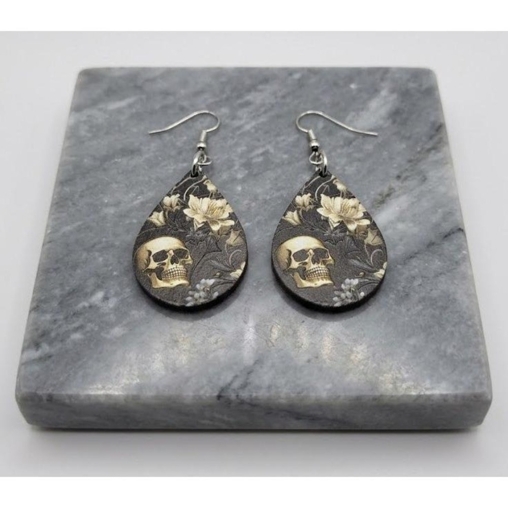 Handmade Sugar Skull Earrings Floral Textured Teardrop Dangle Jewelry